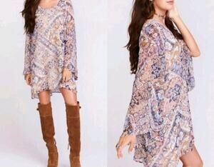 Show Me Your MuMu Sheer Bell Sleeve Boho Pattern Dress Mini Lined Bohemian Flowy